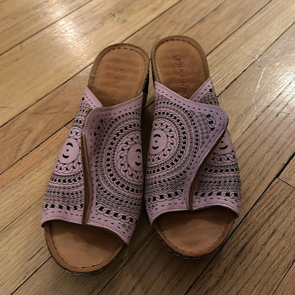 Pink platform sandal: open back slide/heel slip on summer with leather pink top